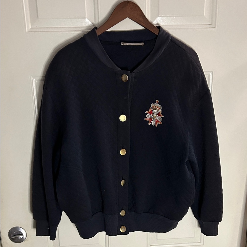 Quilted AC SPORT Navy Quilted Bomber Jacket with Gold Buttons Vintage 1999.